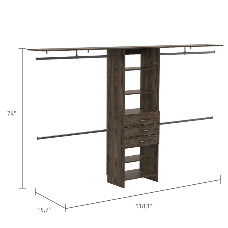 Kohn Plego Closet Organization System, with Open & Closed Storage, 69"/118" Width, Dark Walnut
