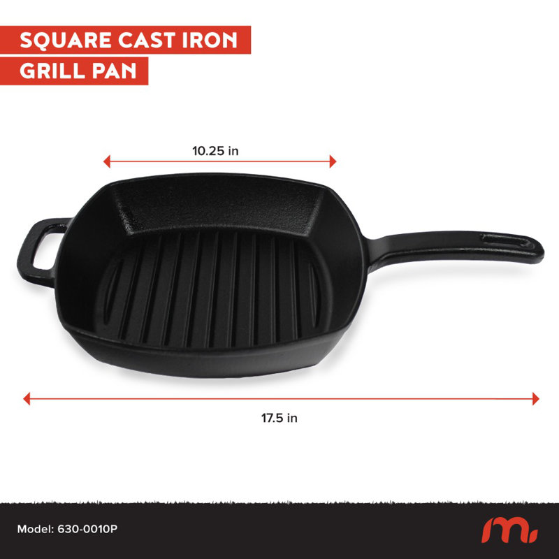 Megamaster 10.25-Inch Cast Iron Griddle Pan, Square Nonstick Grill Pan for Stove Tops, Steak Searing & Vegetable Grilling, BBQ Accessory for Indoor/Outdoor Cooking - 630-0010P