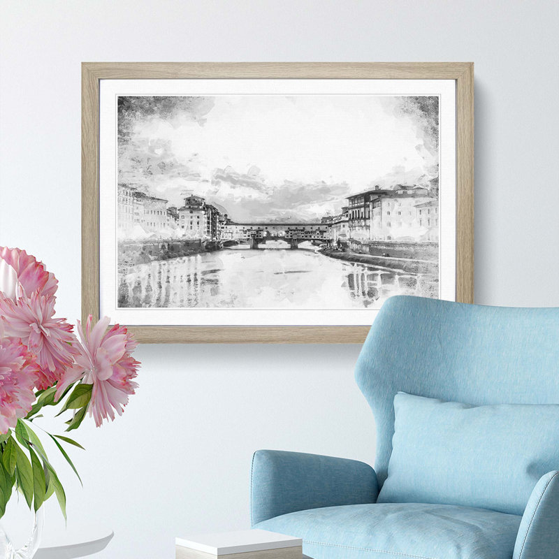 Ponte Vecchio Bridge in Florence Italy - Picture Frame Graphic Art Print, Oak, 50cm H x 76cm W x 2cm D
