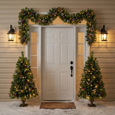 Ensemble 3 pièces d'arbre de Noël artificiel avec guirlande, 2 arbres de Noël artificiels avec lumières, guirlande de 9 pi avec pommes de pin et baies rouges