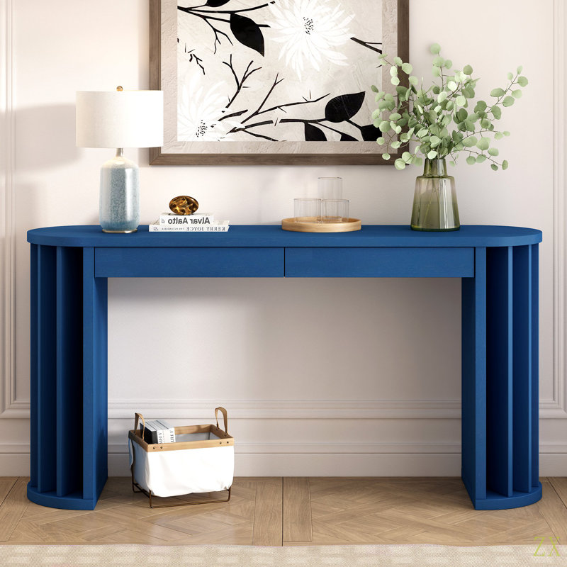 59-Inch Long Console Table, Veneer Sofa Table,Curved And Straight Line Design,Behind The Couch, Farmhouse Entryway Table For Entrance, Hallway, Living Room