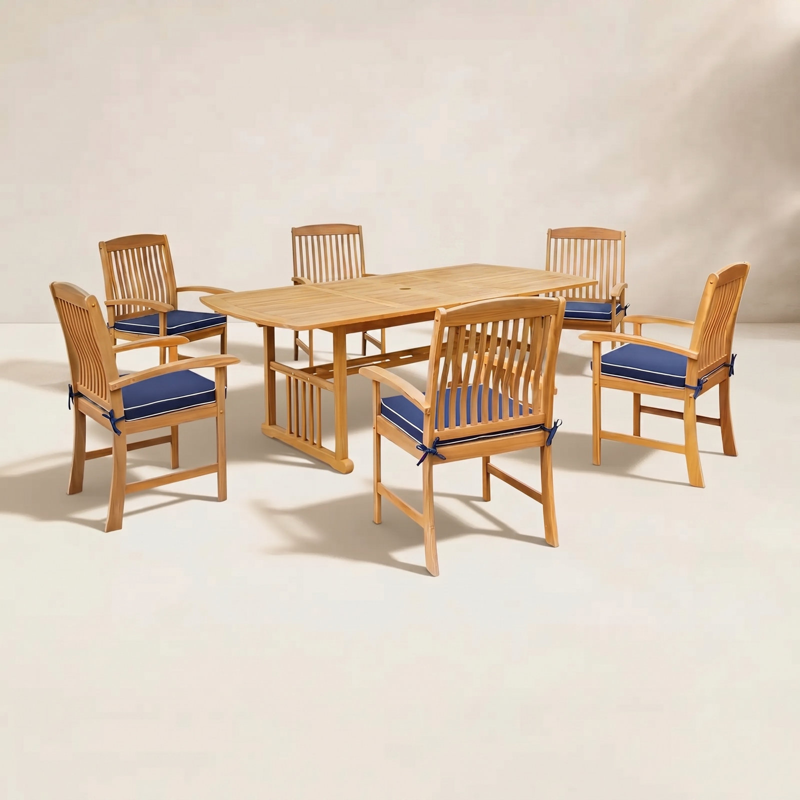 Summerton 85" Teak Patio Dining Set, Navy White Piping