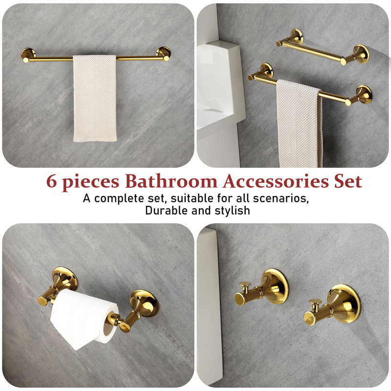 6 - Piece Bathroom Hardware Set, Brushed Gold, 3" H x 22" W x 3" D