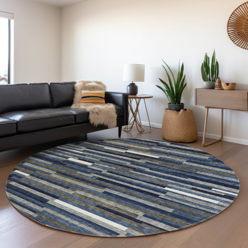 Premium Machine Washable Prisco Navy Rug, Round 8'