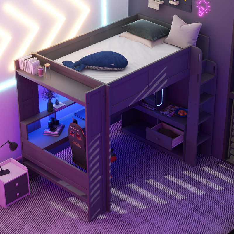 Lit mezzanine double en bois avec bureau, lumière DEL, tablettes de rangement multiples et station de charge, gris foncé