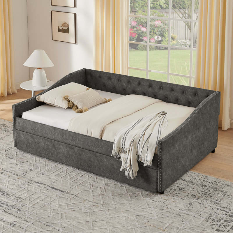 YDT Full Daybed with USB Charging and Twin Pull-Out Extendable Bed, Button and Nailhead Trim