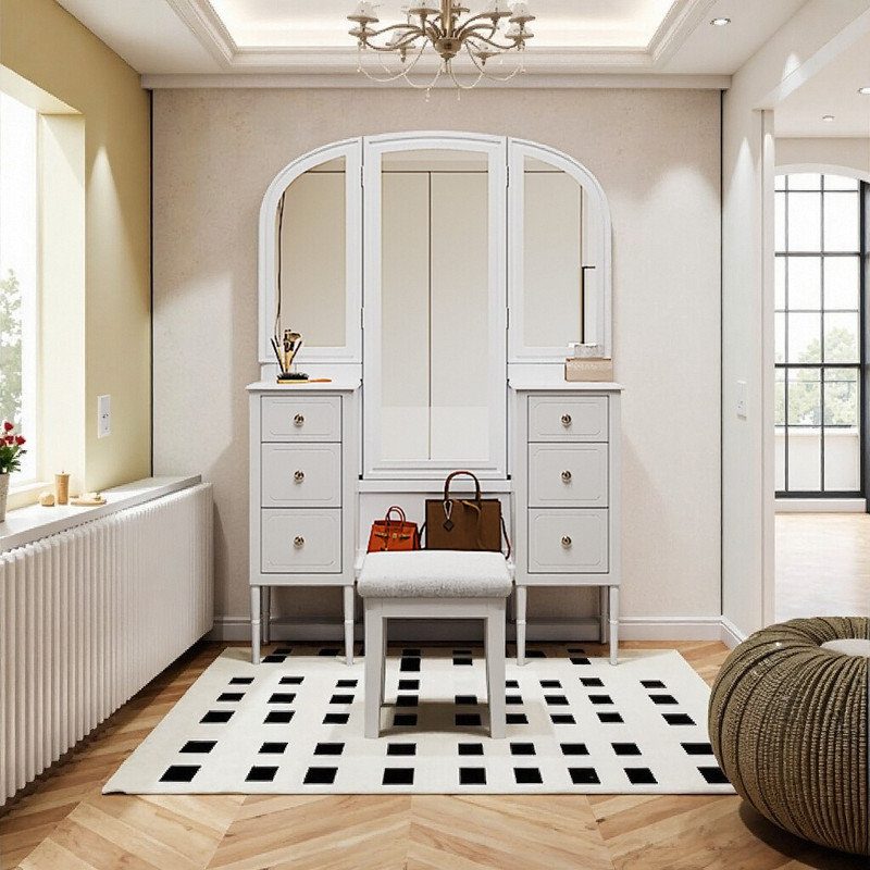 47 Inch Antique Vanity Set with Triple Mirror, 6 Drawer Dressing Table and Stool for Bedroom