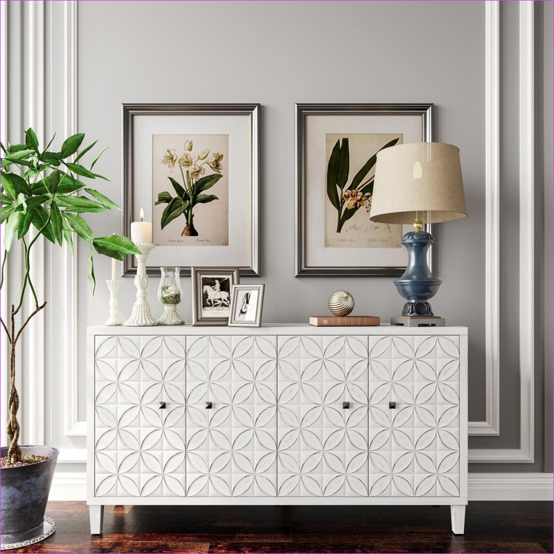 Armoires | Buffet de rangement 4 portes en bois, tablettes réglables, blanc cassé, bois d'ingénierie durable | Shabby Chic | Salon