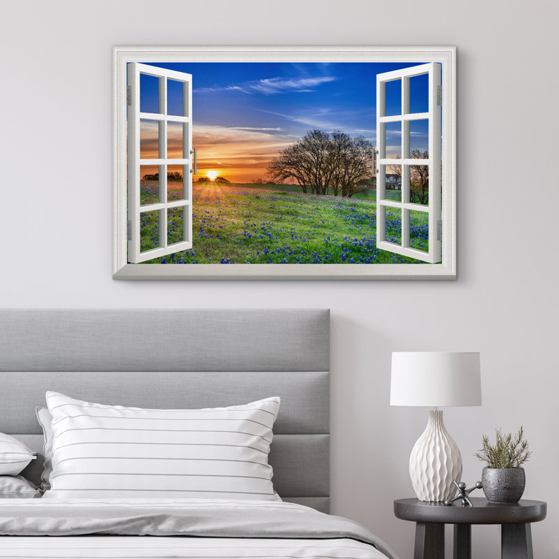 Fenêtre, paysage, lever de soleil, fleurs sauvages bleues dans un champ de printemps, scène naturelle, grande impression sur toile