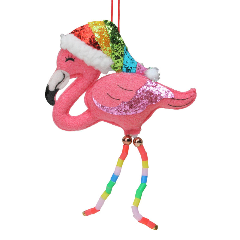 Ornement de Noël en peluche rose 8,5 "portant un chapeau de père Noël
