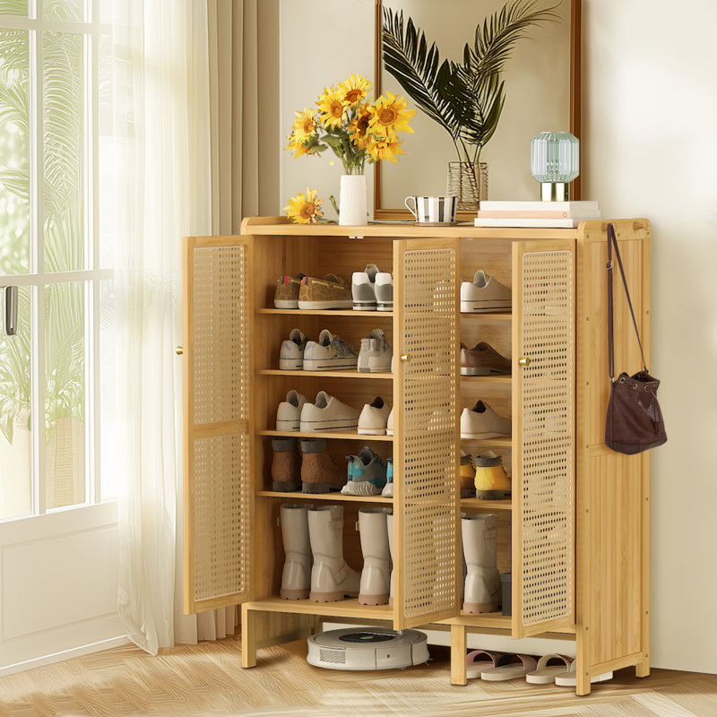 Bamboo Shoe Cabinet 6 Tier Shelves Shoe Storage Organizer Rack With 3 Hollow Doors