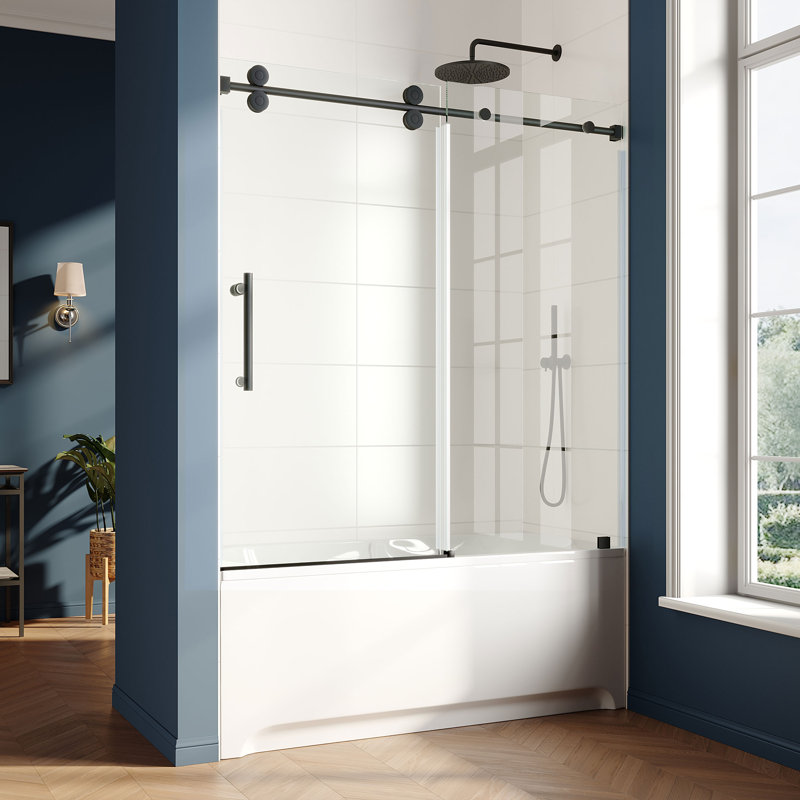 56'' - 60'' W x 66'' H Single Sliding Frameless Tub Door with Clear Glass, Matte Black