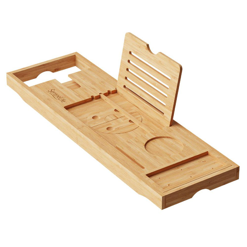  Bathtub Tray - Expandable Bath Tray For Tub, Foldable Adjustable Bamboo Caddy With Non-Slip Handles, Device Holder And Wine Glass Slot For Bathing Luxury (Folding, Hard Back)