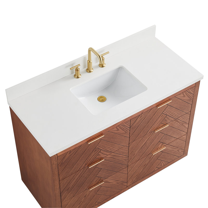 Meuble-lavabo simple autoportant à grain de bois 48 po avec plateau en quartz blanc Additri, L 48 po