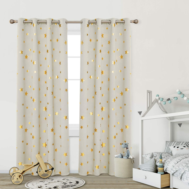 Gold Star Foil Print Room Darkening Thermal Insulated Grommet Curtain Panels (Set Of 2), 42" W x 72" L, Navy Blue