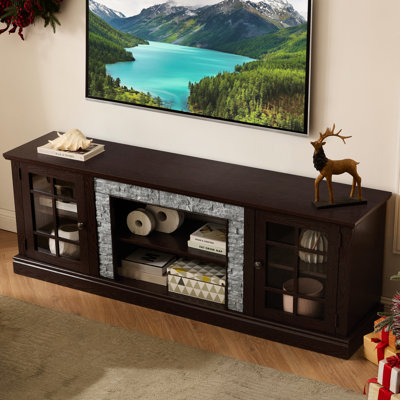 70" Faux Stone Cherry Tv Stand, 2-door Storage, 75'' Compatibility, 6 Cable Cutouts, 3 Adjustable Shelving Color Media Console, Design, Space, Managem