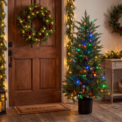 5FT Pre-Lit Artificial Cedar Christmas Tree with Realistic Faux Topiary – Potted Evergreen for Indoor Outdoor Holiday Decor, Front Door, Porch & Living Room