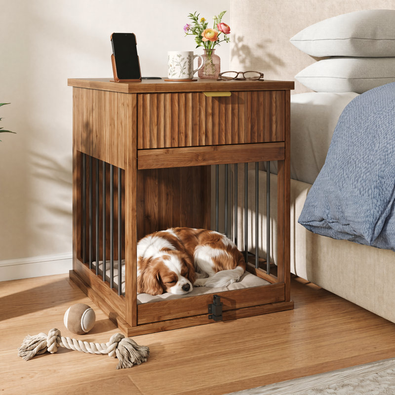 Table de bout moderne 3-en-1 en bois pour caisse de chien avec station de charge intégrée et porte en verre trempé dissimulée