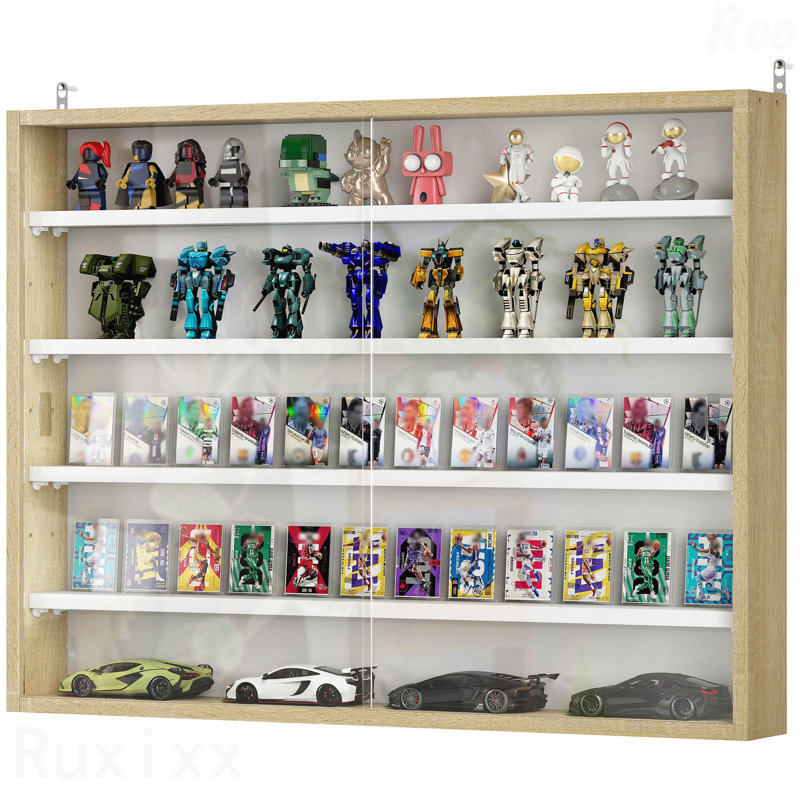 Vitrine murale en verre avec 4 tablettes réglables, Chêne / Blanc