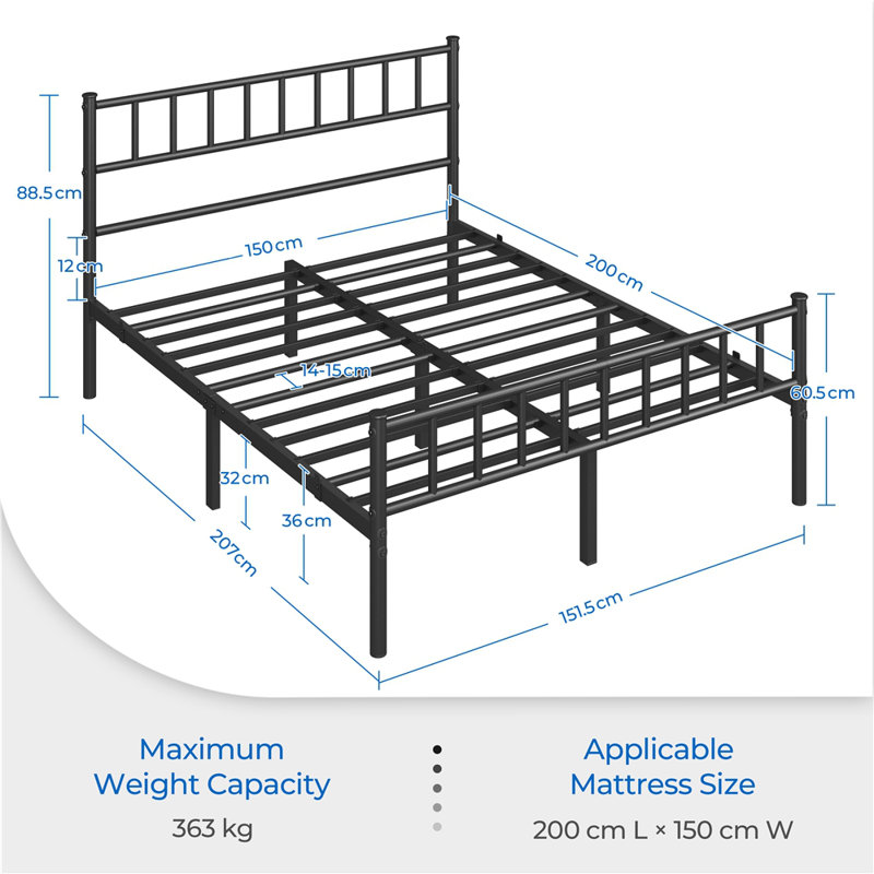 Minimalist Metal Bed Frame with Slatted Headboard, Kingsize (5'), Black