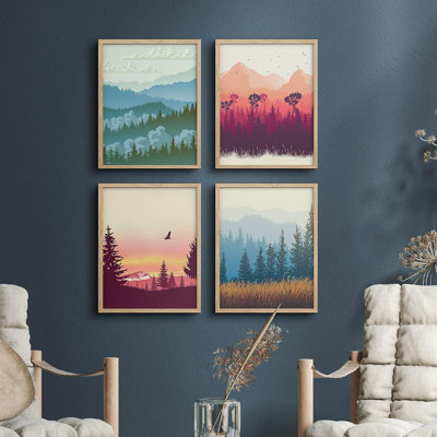 Ensemble de 4 impressions murales encadrées sur un paysage d'automne et de montagne encadrées sur papier, impression de 4 pièces