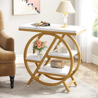 25.59 Inches 3-Tier Narrow End Table With Storage – Modern Faux Marble Sofa Side Table With Gold Metal Frame, Geometric Accent Table Or Nightstand For Living Room, Bedroom, Small Spaces (White & Gold)