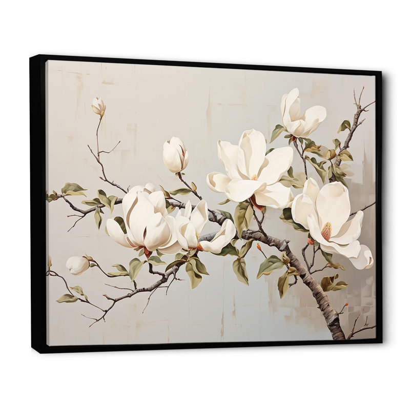 «Magnolias fleur beige II» sur toile imprimée, Cadre flottant noir, 16" H x 32" W