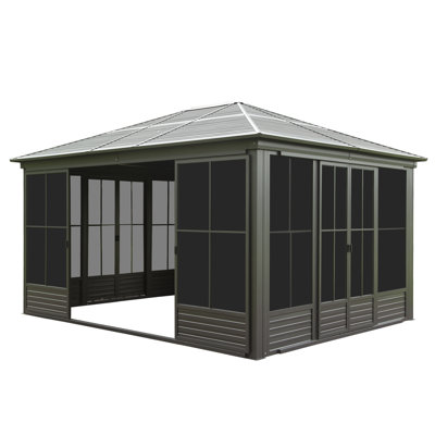 Pavillon de jardin d'extérieur à toit rigide 12 pi x 14 pi Duke avec écrans en PVC et portes coulissantes