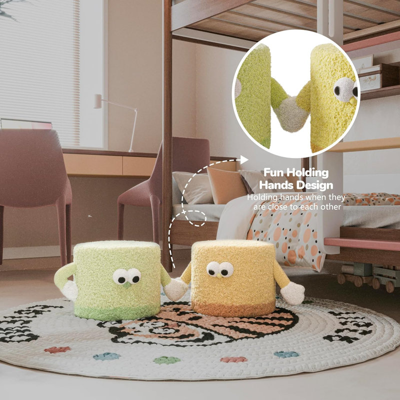 Geometric Comfort 14" Wide Upholstered Plush Ottoman Round Pouf Stools Footrest Hand-Holding Fun Seating Cushion, Green