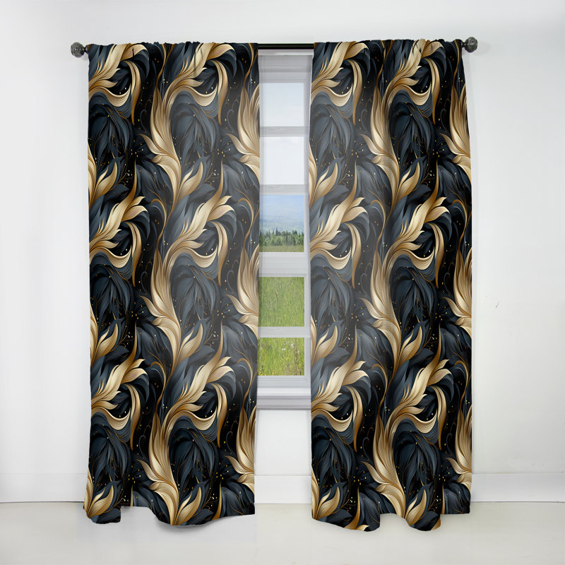 Rideau obscurcissant à motif abstrait plumes minuit doré et noir Midnight Charm - 1 panneaux, L 52 po x L 63 po