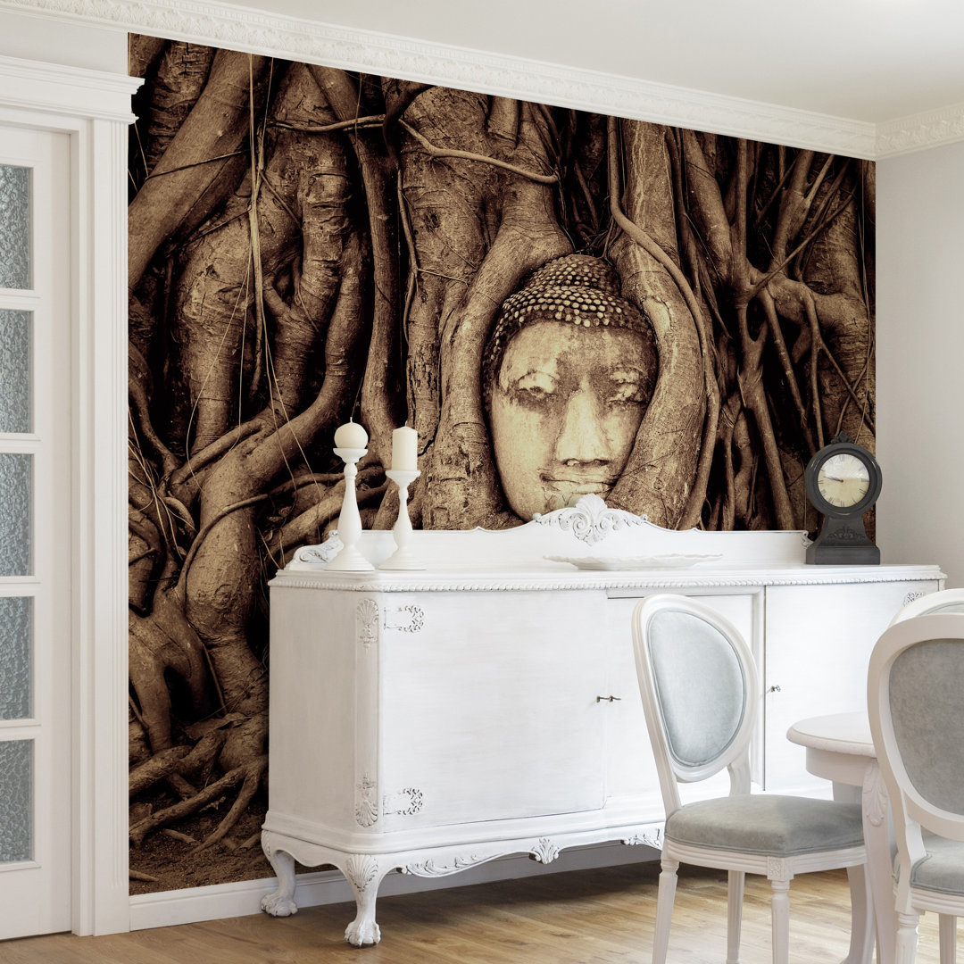 Buddha in Ayutthaya Surrounded by Tree Roots in Brown 2.4m x 2.4m Textured Matt Peel & Stick Wall Mural