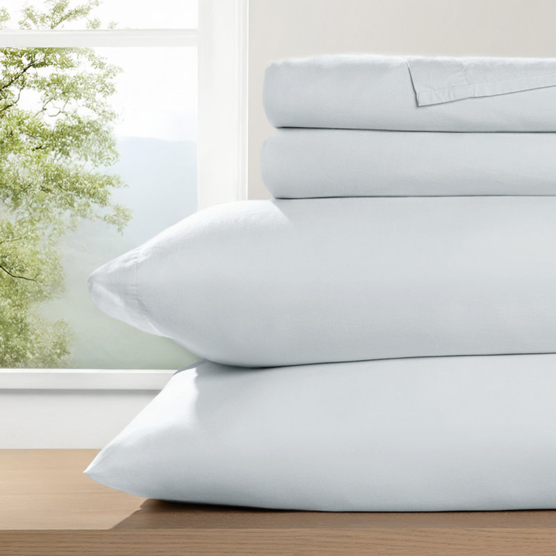 Ensemble de draps 100% coton percale brossé et délavé 4 pièces, Ensemble de draps pour très grand lit avec 2 taie
