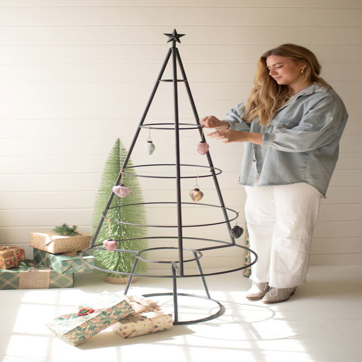  69" Large Metal Christmas Tree Ornament Display – Matte Black Holiday Display Stand, Freestanding Alternative Tree