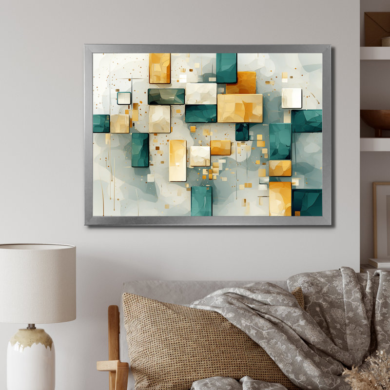 Motif géométrique rétro bleu sarcelle - impression, Cadre simple argenté, H 30 po x l 40 po x P 1,5 po