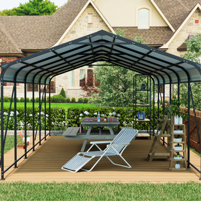 Grand abri d'auto en métal de 12 x 32 pi avec toit en acier galvanisé, adapté aux véhicules de l'allée - et imperméable, toit à rayures verticales pour réduire le risque d'effondrement, rassemblements extérieurs spacieux et robustes
