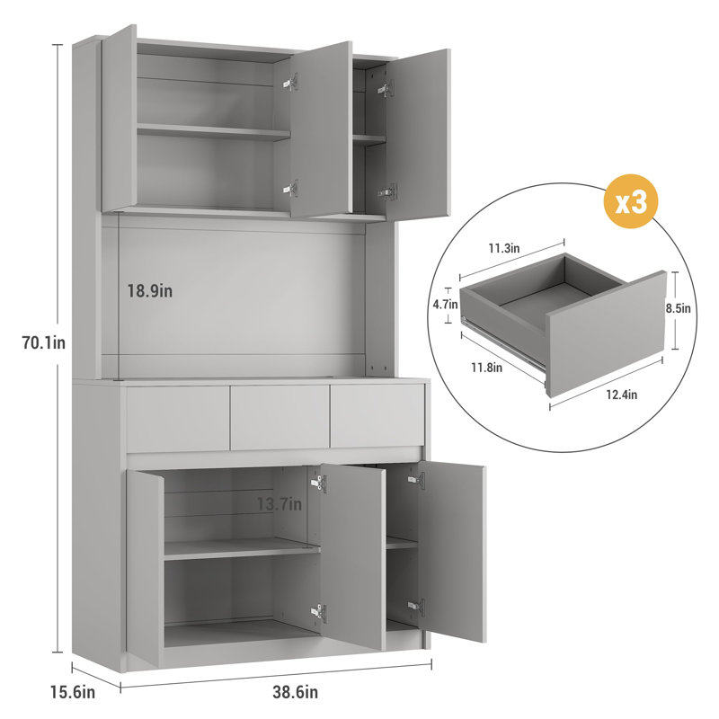 Armoire de cuisine de 71 po de hauteur, armoire de rangement pour huche de cuisine avec lumières DEL et prises de courant, armoire de cuisine avec support pour micro-ondes