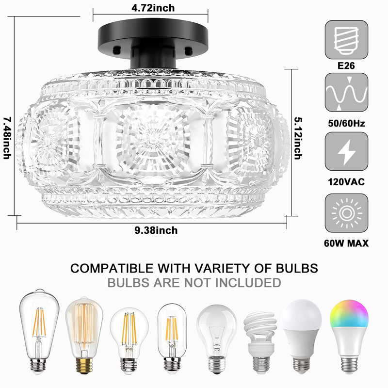 Plafonnier semi-encastré, plafonnier en verre Globe, éclairage moderne noir pour couloir, porche, couloir, chambre à coucher, ampoule non incluse