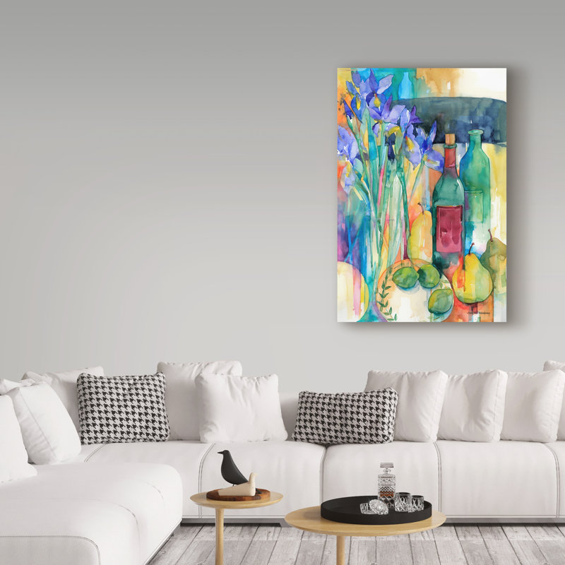 «Table Scape with Irises» par Mattox, reproduction d'aquarelle sur toile tendue, H 19 po x l 12 po x P 2 po