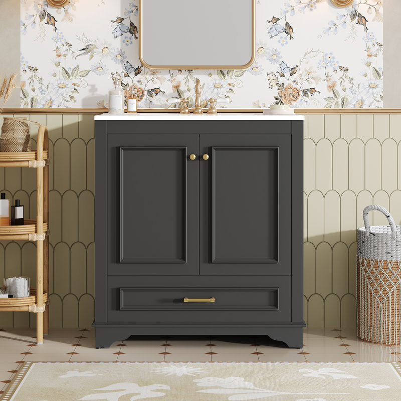 Meuble-lavabo de salle de bain en bois massif de 76 cm (30 po) avec lavabo en céramique intégrée et fini noir