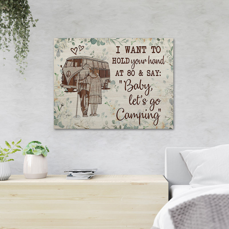 «Old Couple Camping Near A Van - Baby, Let's Go Camping», reproduction d'art graphique sur toile tendue 1 pièce
