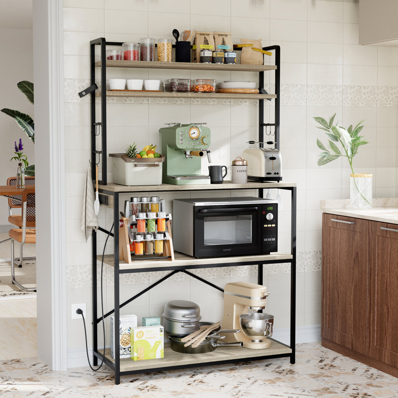 39.4" Metal Standard Baker's Rack with Power Outlet, Microwave Compatibility, Coffee Bar, 8 S-Shaped Hooks, 5-Tier, Gray