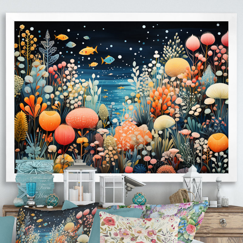 Aquariums Aquatic Pointillism An II, reproduction d'art sur toile, Cadre photo blanc, H 24 po x l 32 po x P 1 po
