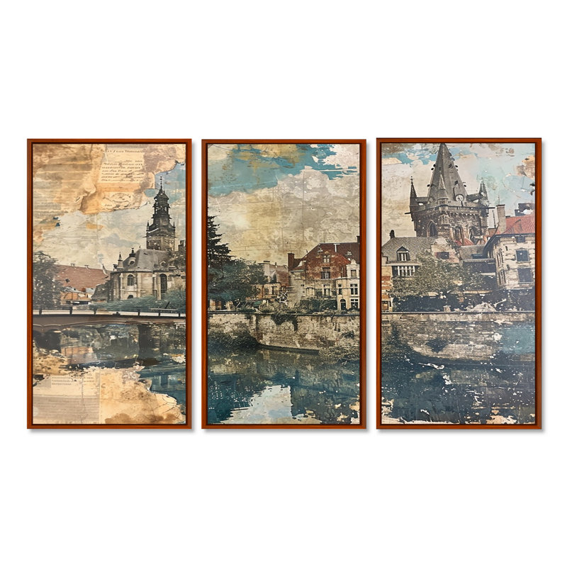 Margene - Ensemble de décorations murales City Buildings, Cadre flottant brun, H 40 po x l 60 po x P 1 po