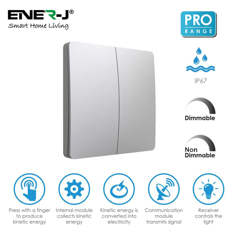 Ener - J 2 Gang Wireless Kinetic Switch Battery Free No Wiring Silver Body Dimmable and Non Dimmable
