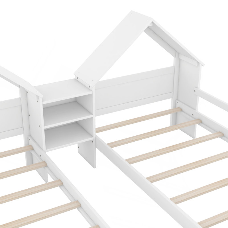 Lit plateforme simple double avec tête de lit en forme de maison et table de chevet intégrée, blanc