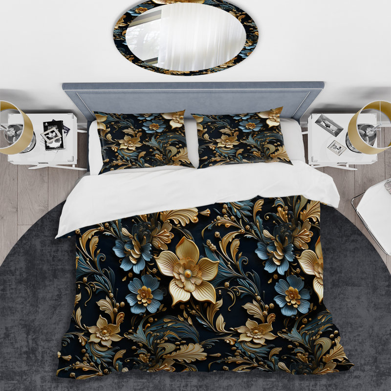 Mairena Golden Embellishments - Ensemble de housse de couette en marbre - Microfibre de polyester