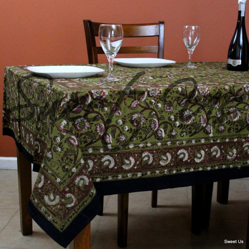 Rectangle Floral Cotton Tablecloth, Green