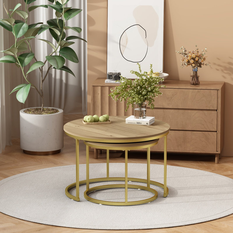 Ensemble de 2 tables basses gigognes rondes, tables de bout latérales empilables en grain de bois rustique avec cadre en métal doré, table d'appoint emboîtable moderne pour le salon, le petit appartement et le condo