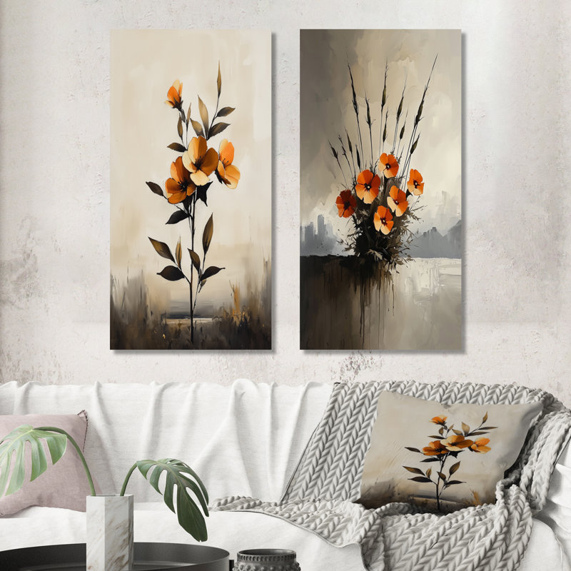 Monogramme de souci solitude I - art mural floral 2 pièces, H 28 po x l 25 po, Toile tendue