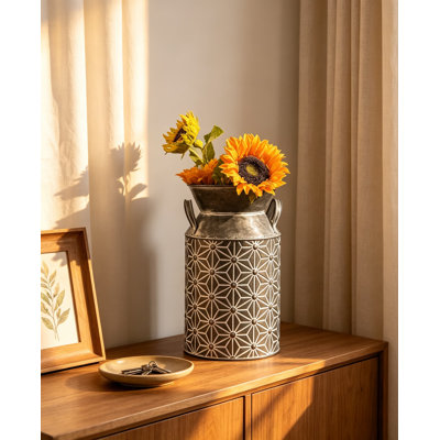 Vintage Galvanized Metal Milk Can Farmhouse Decorative Flower Vase, Rustic French Country Milk Jug for Home Accent, Antique Style Tabletop Planter